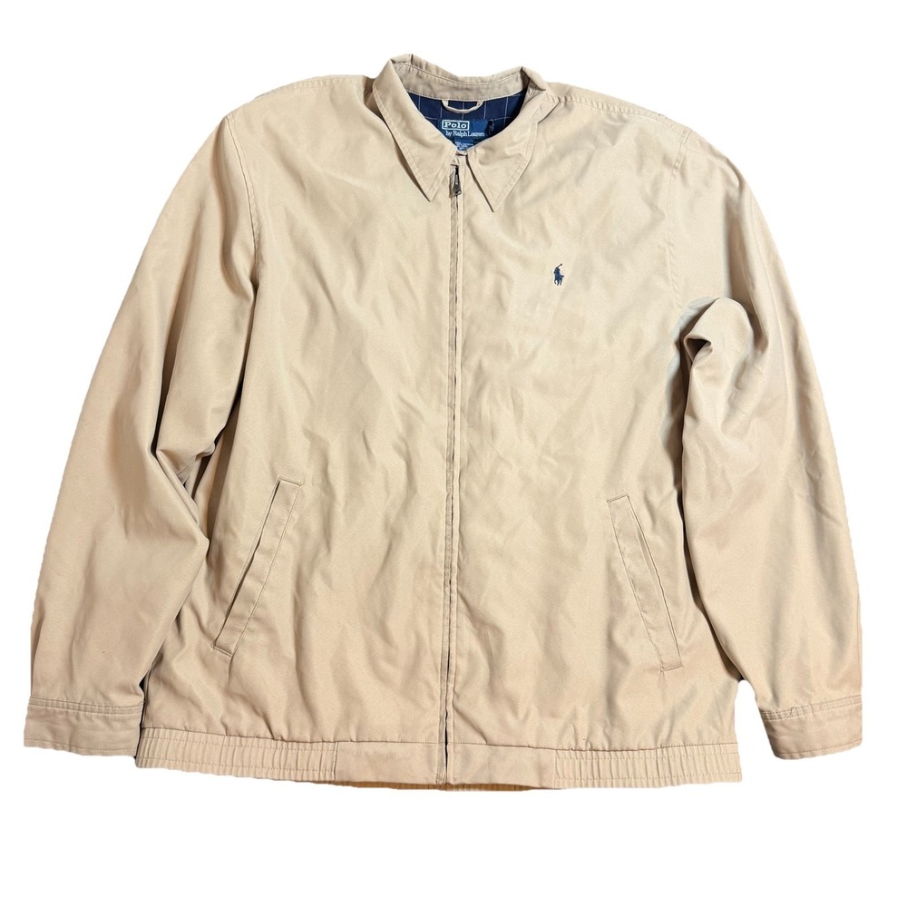 Vintage 90s Polo Ralph Lauren Beige Bomber Jacket Men's XLT Tall Zip Logo Accent